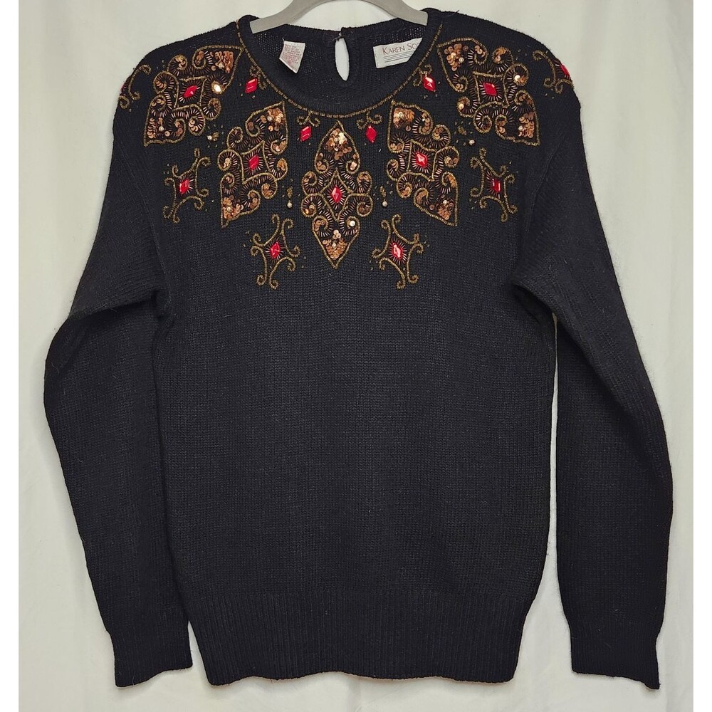 Vintage Karen Scott Black Embellished Sweater Silk Angora Lambswool Size S